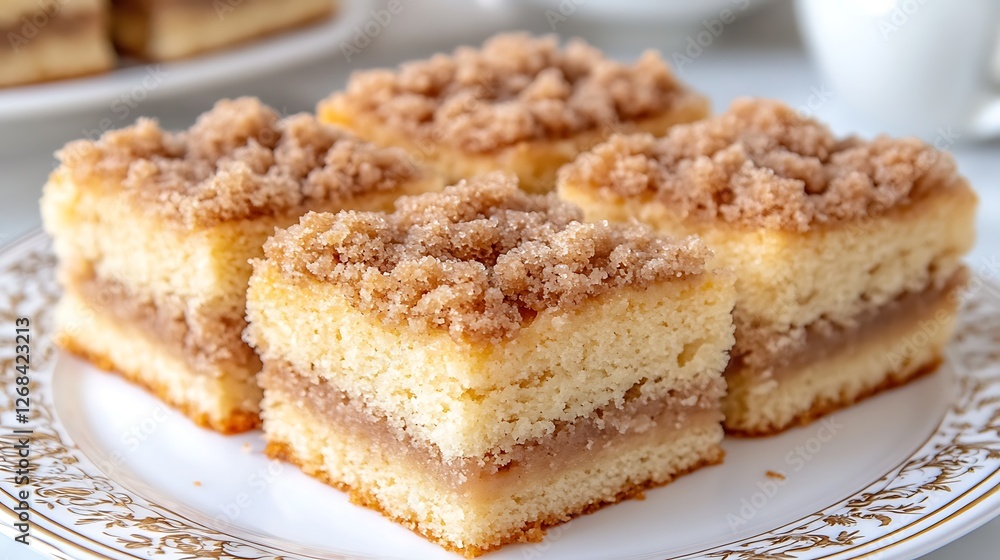 A rich coffee cake with brown sugar streusel topping, softly blurred kitchen tiles in the background. A rich coffee cake with brown sugar streusel topping, softly blurred kitchen tiles in the background.