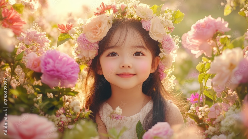 Girl, flower crown, garden, sunset, joy, spring, portrait, child, photoshoot, stock Girl, flower crown, garden, sunset, joy, spring, portrait, child, photoshoot, stock