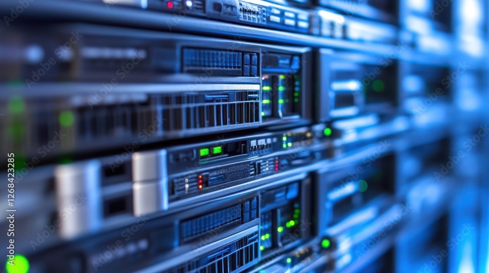 Data center servers, network, technology, blue lights, digital infrastructure, computing, background Data center servers, network, technology, blue lights, digital infrastructure, computing, background