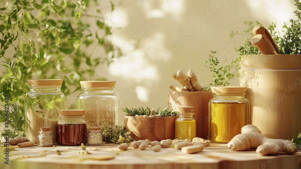 Fototapeta premium Herbal remedies sunlight kitchen table