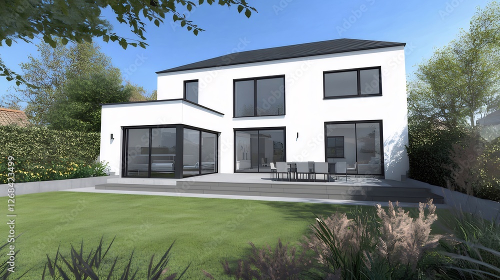 Modern house, garden, rear view, sunny day, architectural rendering Modern house, garden, rear view, sunny day, architectural rendering