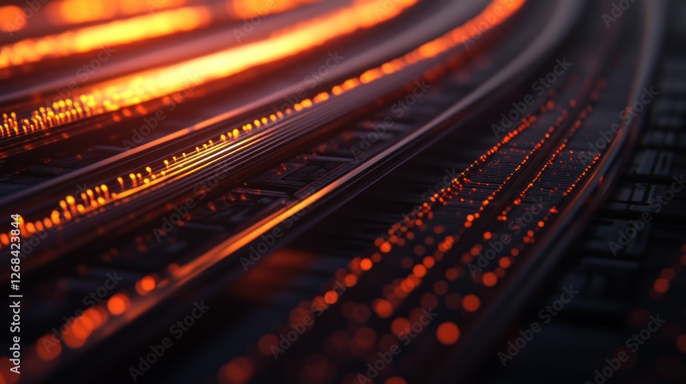 Futuristic orange data streams curve on dark tech background, digital art, website header Futuristic orange data streams curve on dark tech background, digital art, website header