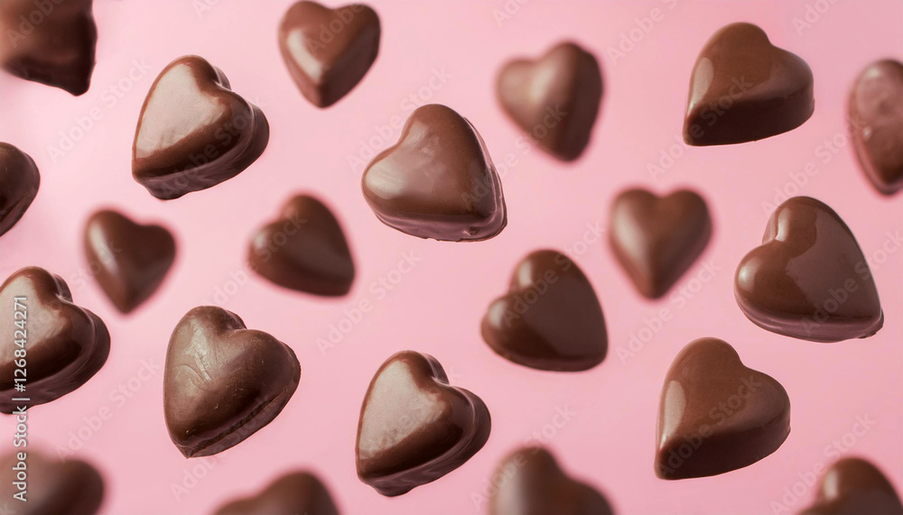 Fototapeta premium ハート型のチョコレートが浮いているピンクの背景