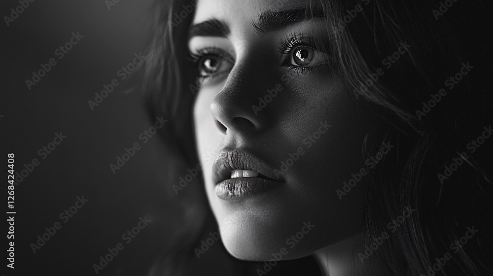Close-up black and white portrait of a young woman looking thoughtfully upward, lit dramatically from the side. Close-up black and white portrait of a young woman looking thoughtfully upward, lit dramatically from the side.