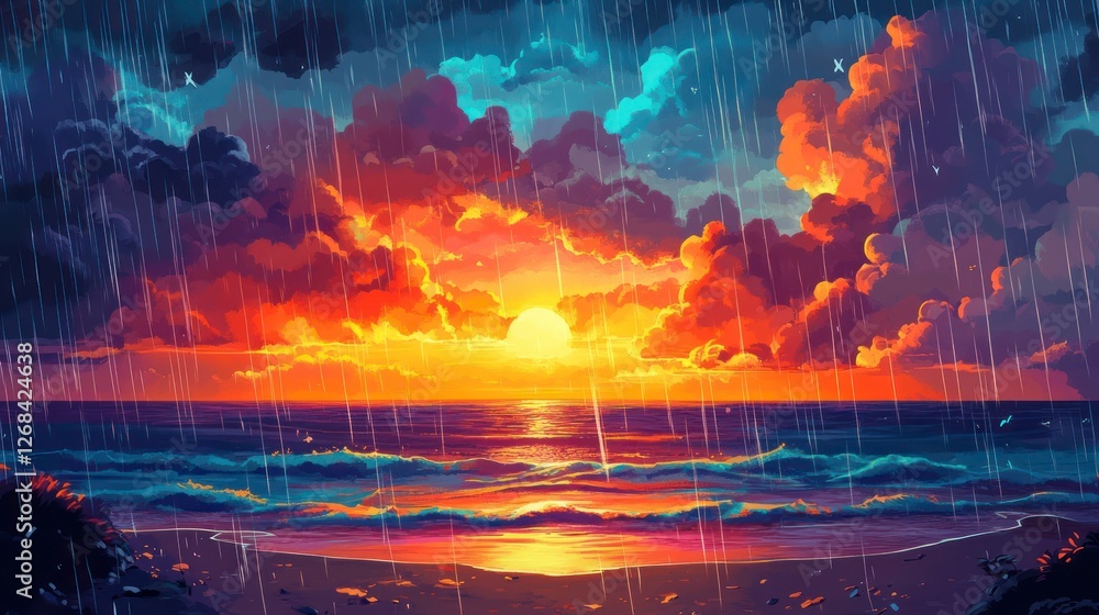 Naklejka premium A beautiful sunset over the ocean, with clouds and rain falling in front of it. The beach is visible on one side