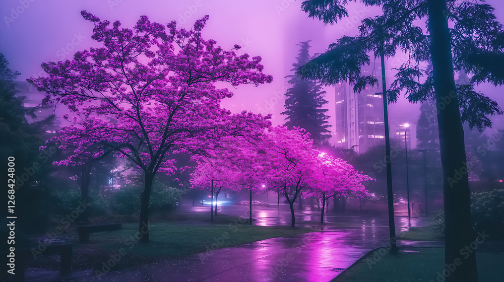 Obraz premium Misty City Park Avenue with Cherry Blossom Trees at Night in Foggy Ambient Purple Huescape