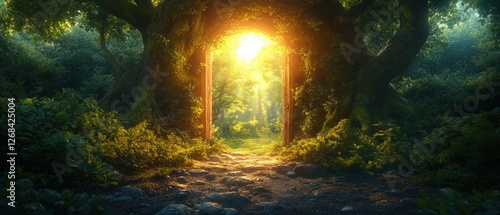 Path through a forest with bright light and mysterious doorway opening into a magical scene