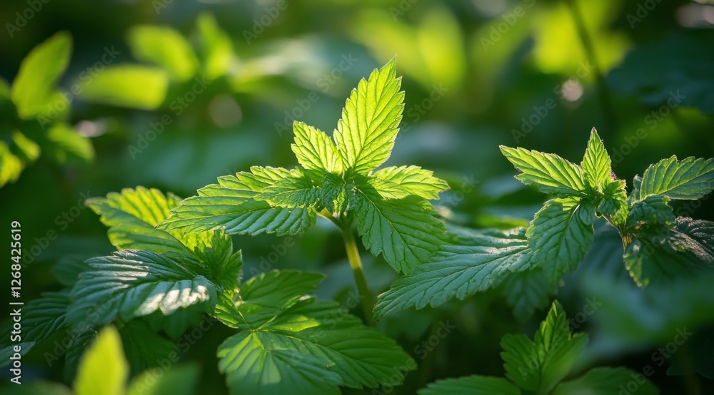 A close-up of green leaves growing in the ground, with sunlight filtering through them, creating soft shadows and highlighting their vibrant colors A close-up of green leaves growing in the ground, with sunlight filtering through them, creating soft shadows and highlighting their vibrant colors