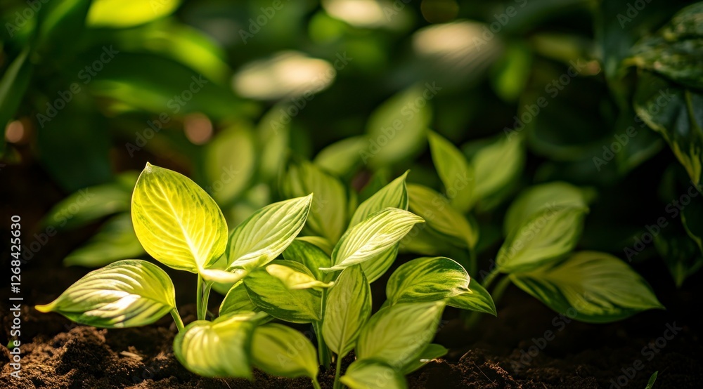 A close-up of green leaves growing in the ground, with sunlight filtering through them, creating soft shadows and highlighting their vibrant colors A close-up of green leaves growing in the ground, with sunlight filtering through them, creating soft shadows and highlighting their vibrant colors