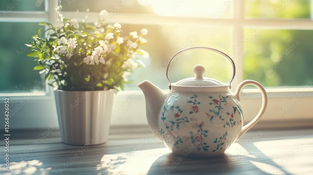 Beautiful Teapot on a Windowsill with Sunlight and Flowers Beautiful Teapot on a Windowsill with Sunlight and Flowers