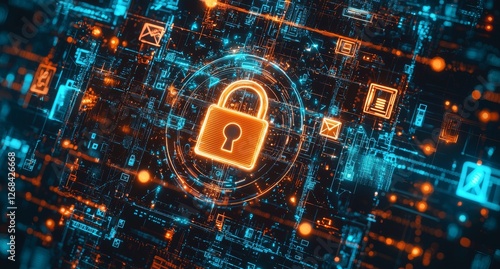 Futuristic Digital Lock Icon Surrounded by Data Encryption Symbols and Technology Elements in Blue and Orange Colors