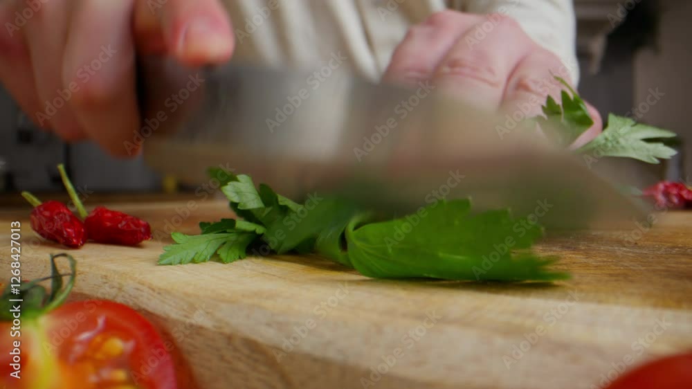 A chef chops a parsley A chef chops a parsley