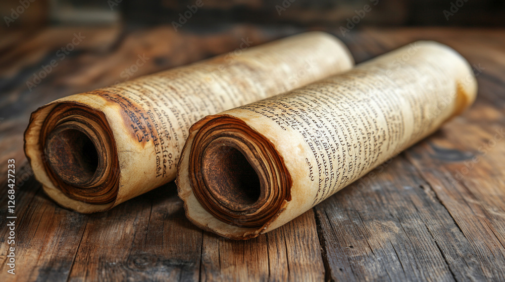 Three rolled-up ancient Hebrew scrolls on old parchment paper, symbolizing historical knowledge, wisdom, and sacred texts, blending the ancient with the modern in a timeless representation.
Three rolled-up ancient Hebrew scrolls on old parchment paper, symbolizing historical knowledge, wisdom, and sacred texts, blending the ancient with the modern in a timeless representation.