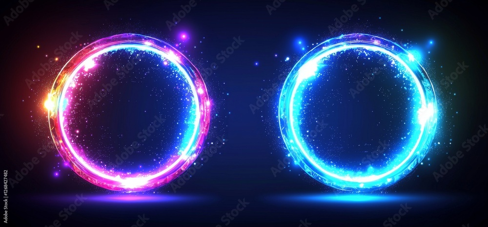 Obraz premium Colorful glowing circular frames with sparkling light effects on dark background for modern design projects