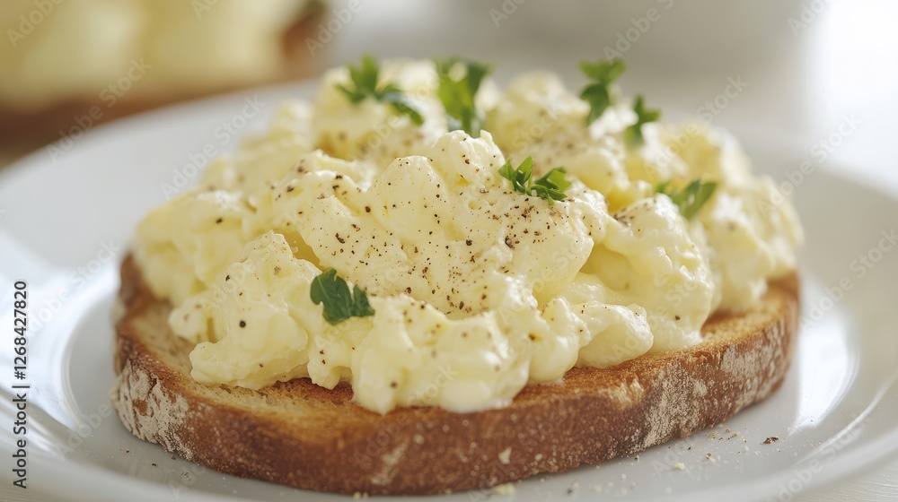 Creamy Scrambled Eggs on Toast with Fresh Parsley Garnish Creamy Scrambled Eggs on Toast with Fresh Parsley Garnish
