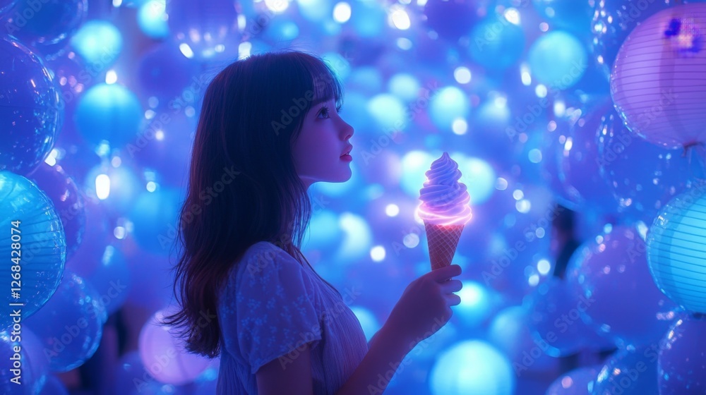 Dreamy delight, Radiant girl with luminous ice cream amidst a sea of electric blue orbs Dreamy delight, Radiant girl with luminous ice cream amidst a sea of electric blue orbs