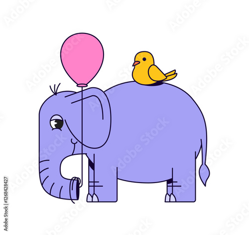 Cuadro en lienzo Elephant with balloon and bird cartoon hand drawn illustration