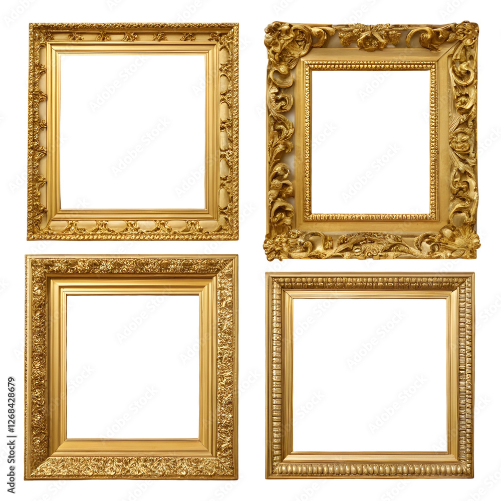 Decorative golden frames arranged in a visually appealing layout for artwork display Decorative golden frames arranged in a visually appealing layout for artwork display