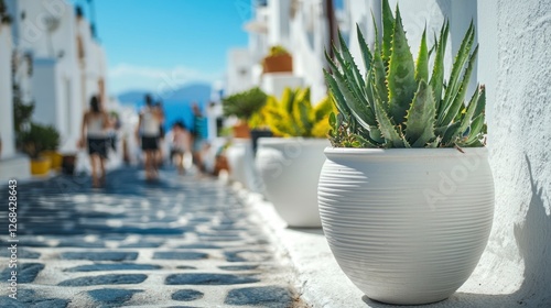 A photo of white flower pots with succulents on the sidewalk in front. The background is white walls and blue sky. People walking around blurred. photo