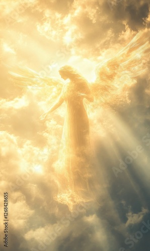 Celestial guardian bathed in golden light, wings spread among ethereal clouds and sun rays
