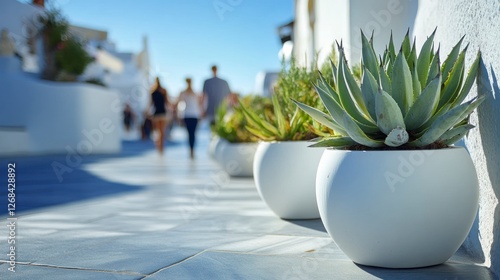 A photo of white flower pots with succulents on the sidewalk in front. The background is white walls and blue sky. People walking around blurred. photo