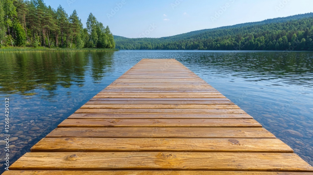 Obraz premium Wooden dock extends into a calm blue lake surrounded by lush green forests under a clear sky during a bright sunny day.