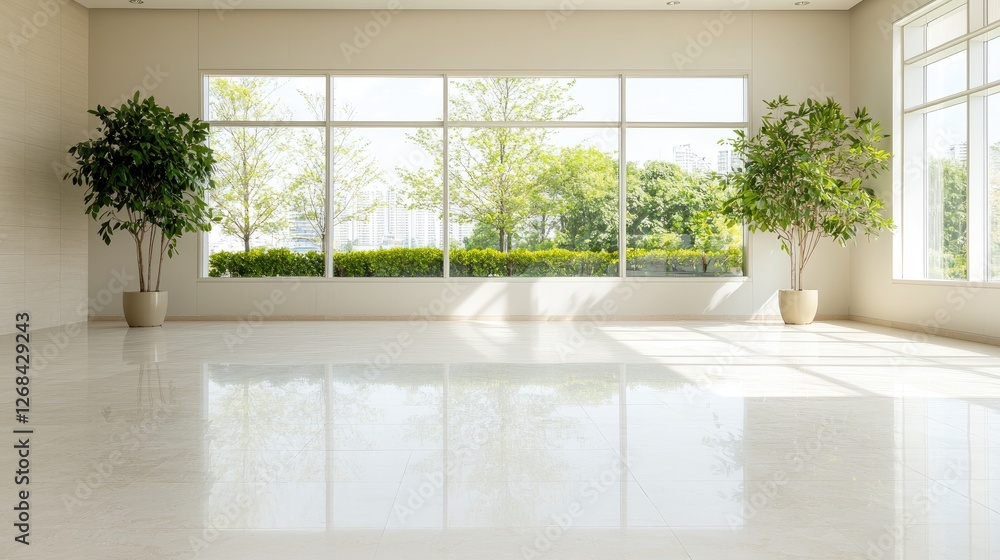 Fototapeta premium Empty modern room features large windows overlooking green trees in bright daylight.