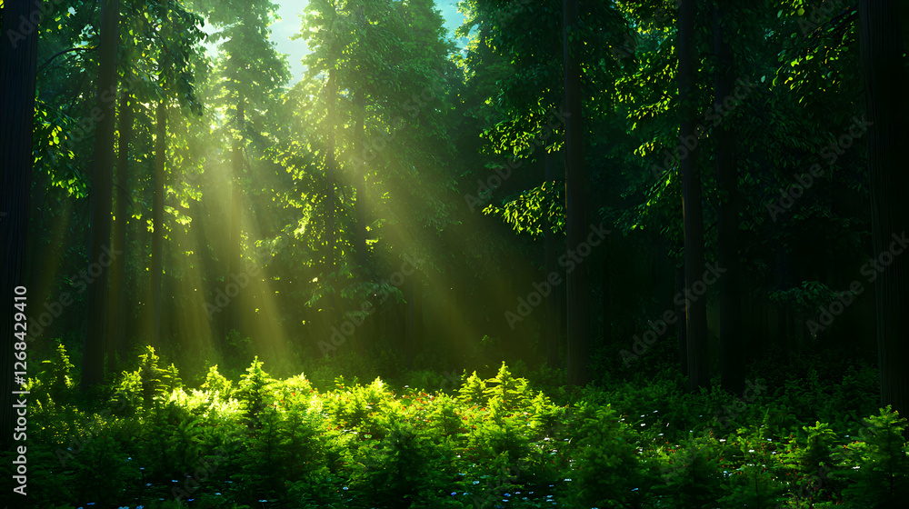 Sunbeams in a Lush Green Forest Sunbeams in a Lush Green Forest