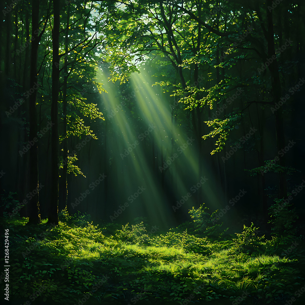 Obraz premium Sunbeams in Lush Green Forest
