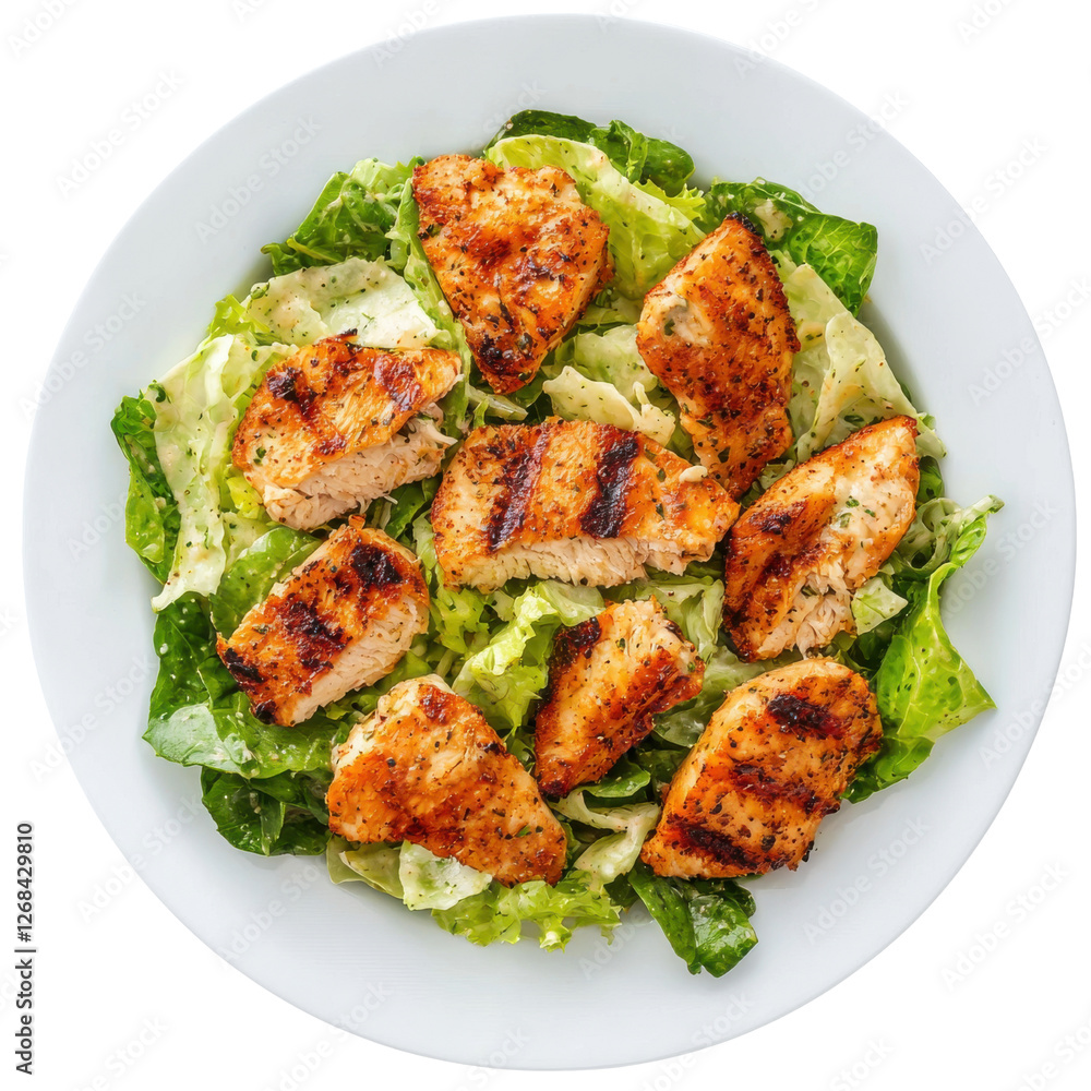 Fototapeta premium Grilled Chicken Strips Served on a Bed of Fresh Romaine Lettuce, Creating a Healthy and Delicious Salad Dish Ideal for Any Meal