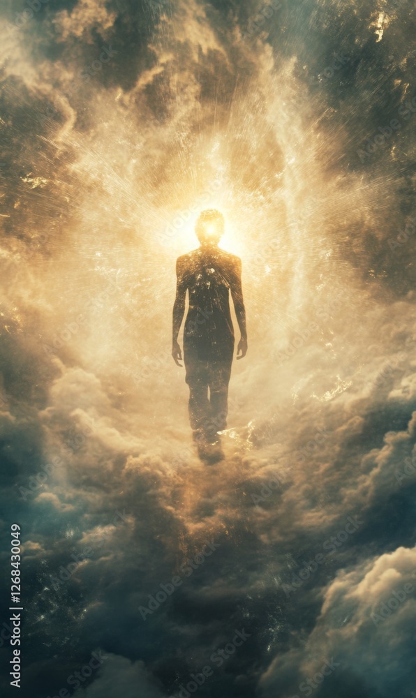 A figure of light emerging through cloudscapes, symbolizing hope and spiritual awakening A figure of light emerging through cloudscapes, symbolizing hope and spiritual awakening