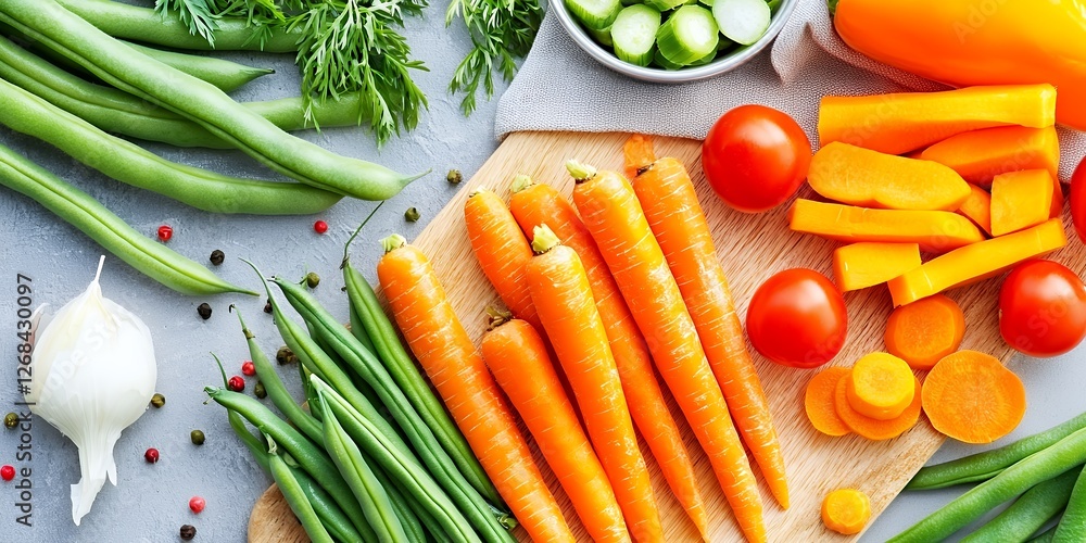 Fresh Vegetable Still Life with Carrots Tomatoes and Green Beans on Gray Surface Fresh Vegetable Still Life with Carrots Tomatoes and Green Beans on Gray Surface