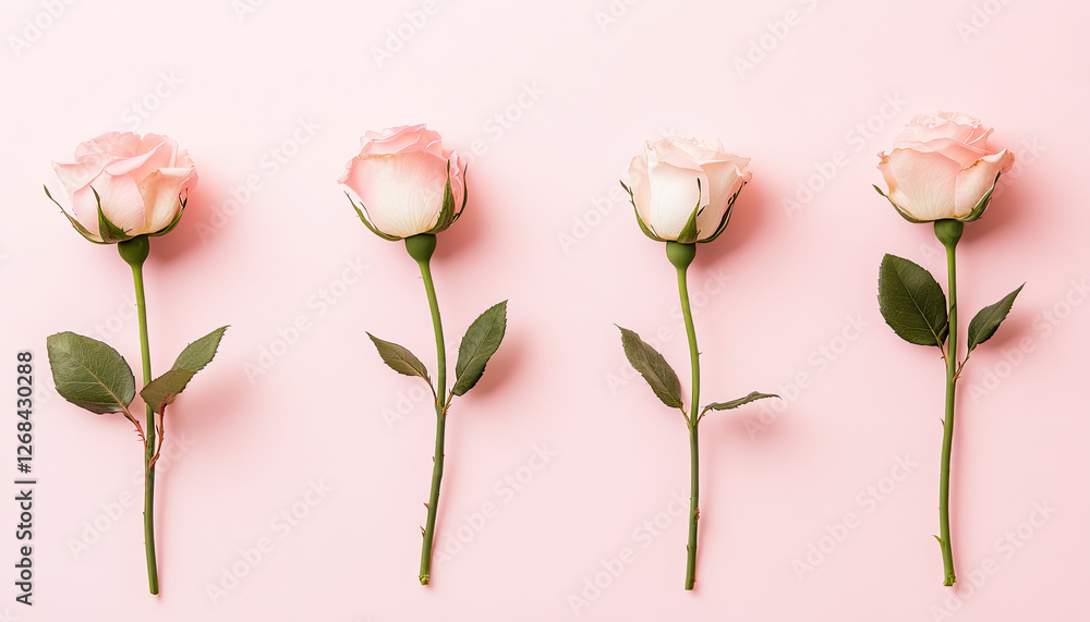 Fototapeta premium Four pink and white roses arranged on a soft pink background.