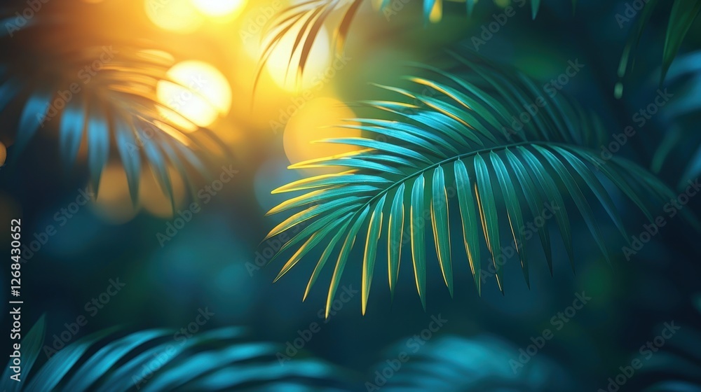 Lush green palm leaves illuminated by soft, warm sunlight in a tranquil setting. Lush green palm leaves illuminated by soft, warm sunlight in a tranquil setting.