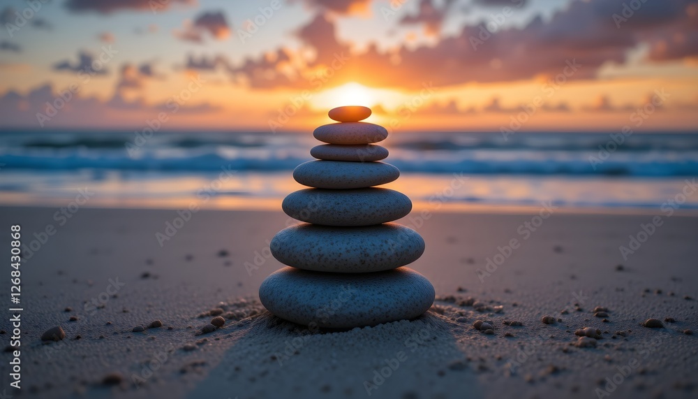 Fototapeta premium Zen Stone Stack on Beach at Sunset – Balance and Tranquility