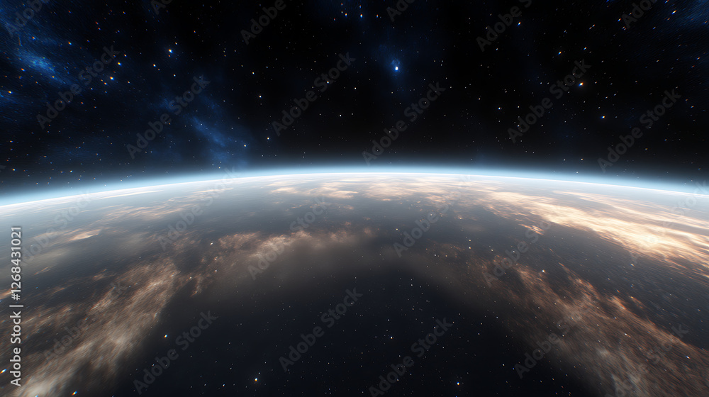 Obraz premium Orbital Glimpse of a Cloudy Exoplanet Showing a Distant Starfield and the Curve of the Atmosphere
