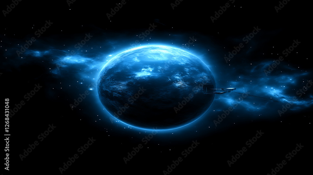 Orbital Rendezvous of Spacecraft Around Exoplanet with Vibrant Blue Atmosphere and Nebula Scenery Orbital Rendezvous of Spacecraft Around Exoplanet with Vibrant Blue Atmosphere and Nebula Scenery
