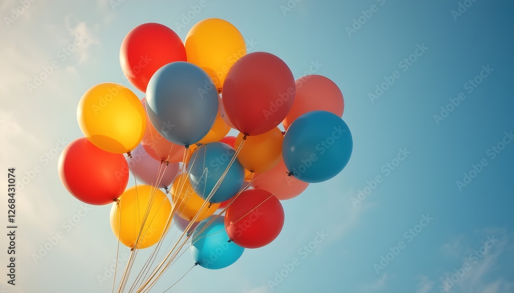 Colorful Helium Balloons Floating Against a Soft Blue Sky
