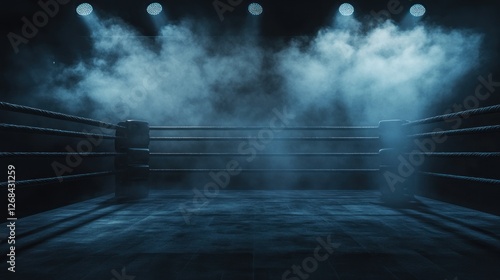 Empty boxing ring with spotlights and smoke.