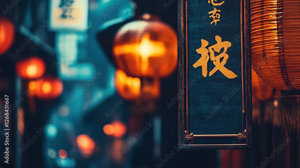 Obraz premium Asian night market lantern sign, blurred street