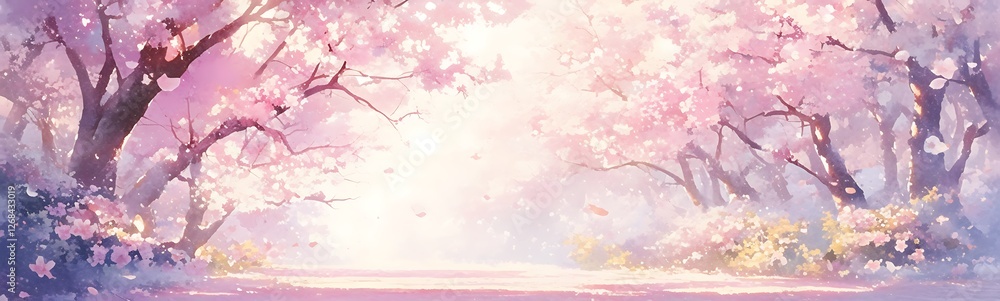 A dreamy watercolor painting featuring a misty cherry blossom scene. A dreamy watercolor painting featuring a misty cherry blossom scene.