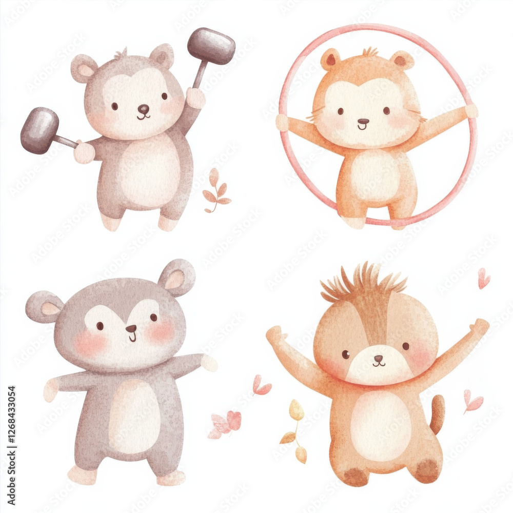 Obraz premium Four happy little animals are exercising, one holding a small dumbbell and the other using a hula hoop, posing in different positions and expressions. Cute watercolor clip art