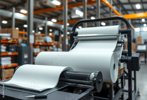 Multiple machines are processing large paper rolls in a warehouse while workers prepare for distribution, optimizing the workflow.