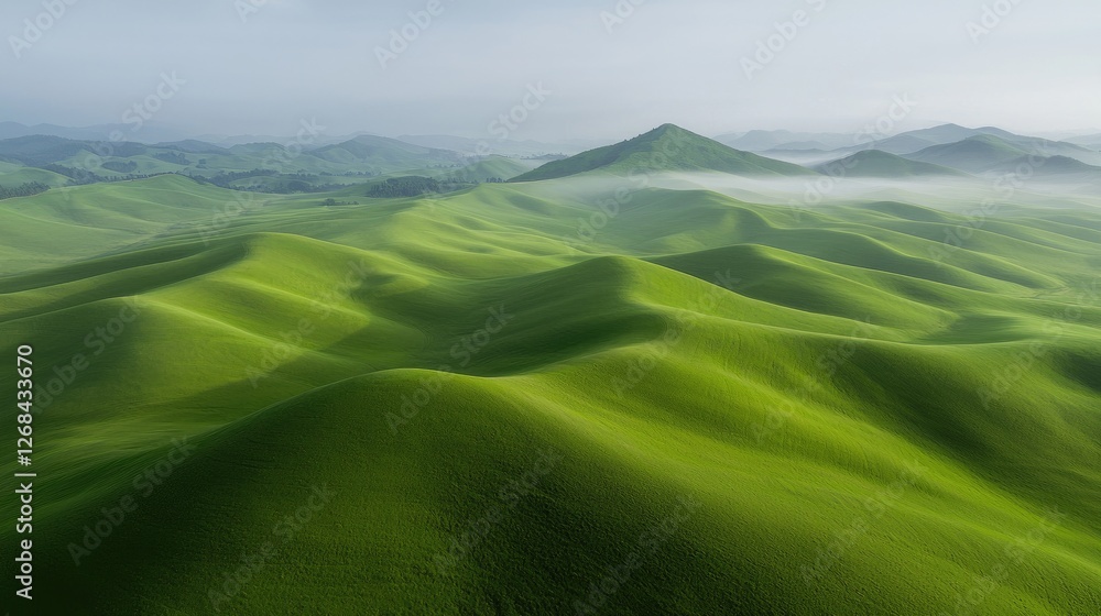 Obraz premium Aerial view of rolling green hills, misty mountains in the background, tranquil landscape. Possible use Stock photo for nature, travel, or environmental themes