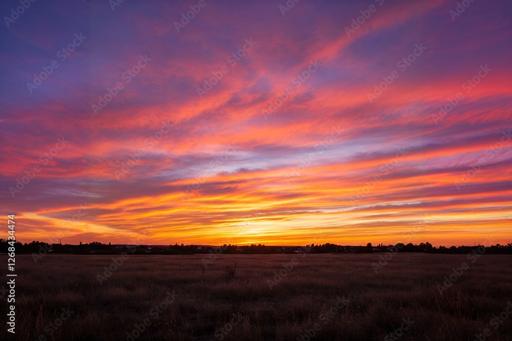 Obraz premium Vibrant sunset colors of pink, orange, and purple streak across the sky above a tranquil, open field.