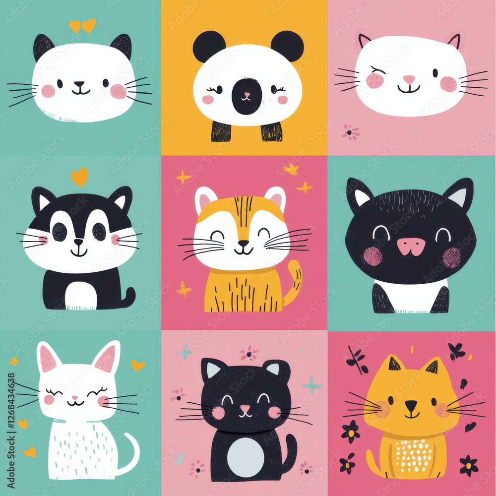 Create a set of cute and colorful cartoon animals, each paired with a motivational quote. Include animals like a smiling panda, a playful cat, and an energetic puppy. Create a set of cute and colorful cartoon animals, each paired with a motivational quote. Include animals like a smiling panda, a playful cat, and an energetic puppy.