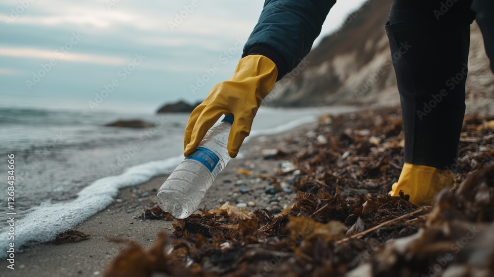 © Prompt2image - A person, dressed in a dark jacket and yellow gloves, bends down to collect a plastic bottle from the shoreline. The beach is scattered with seaweed and debris, under a cloudy sky © Prompt2image - A person, dressed in a dark jacket and yellow gloves, bends down to collect a plastic bottle from the shoreline. The beach is scattered with seaweed and debris, under a cloudy sky