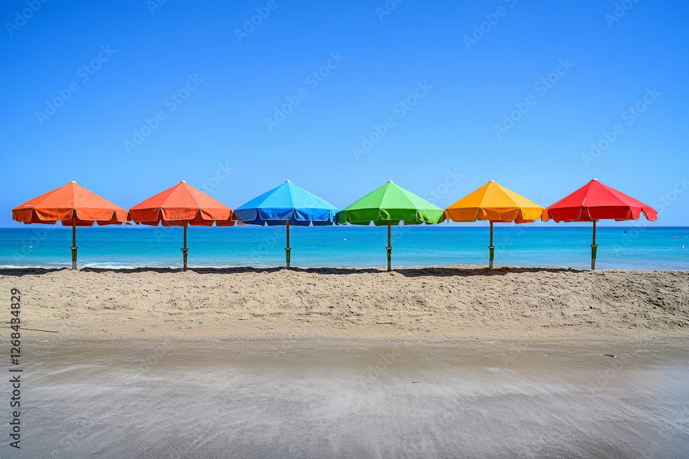 Fototapeta premium Colorful Beach Umbrellas in a Row on a Sandy Shore with a Clear Blue Sky and Ocean View