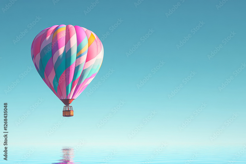 Fototapeta premium Colorful Hot Air Balloon Floating Above a Calm Reflective Water Surface Against a Clear Sky