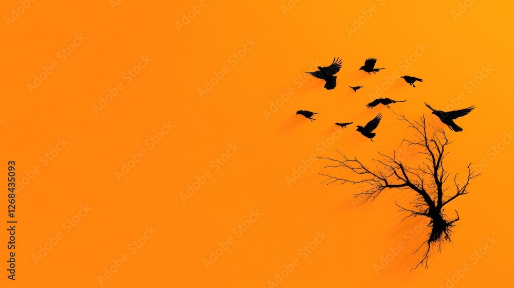 Fototapeta premium Makar Sankranti Concept: Silhouettes of Birds Flying on Plain Orange Background Symbolizing Change and Progression